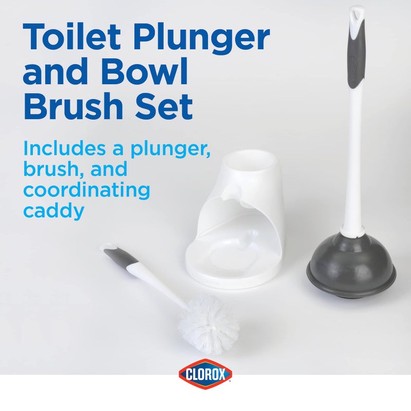 Clorox Toilet Plunger and Bowl Brush Combo Set with Caddy, 6.75" x 7" x 19.5", White/Gray, Pack of 2 - Plunger and Toilet Bowl Brush, Heavy Duty Plunger, Toilet Cleaning Brush, Freestanding Caddy - Image 2