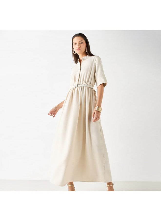 Iconic - Iconic Textured Maxi Shirt Dress with Short Sleeves and Belt - Image 1