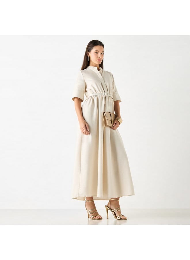 Iconic - Iconic Textured Maxi Shirt Dress with Short Sleeves and Belt - Image 1