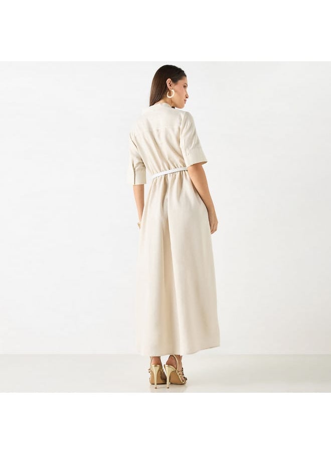 Iconic - Iconic Textured Maxi Shirt Dress with Short Sleeves and Belt - Image 1