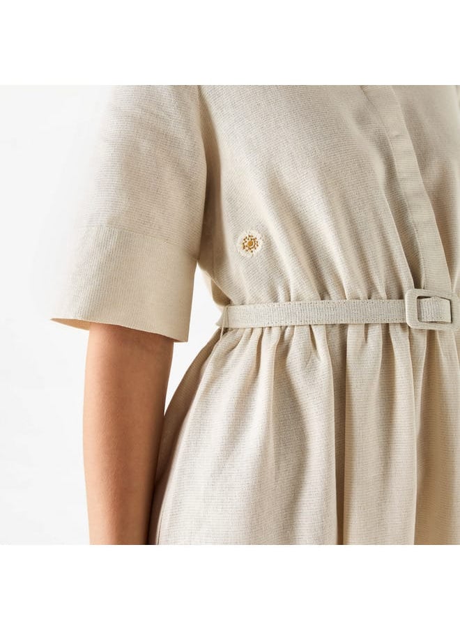 Iconic - Iconic Textured Maxi Shirt Dress with Short Sleeves and Belt - Image 1