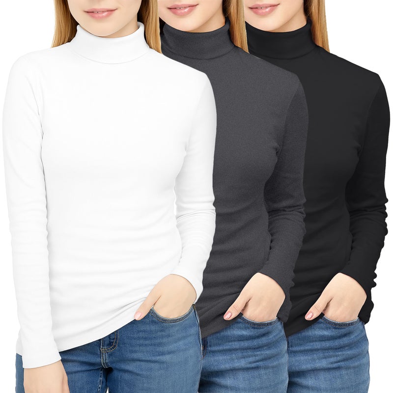 NY Threads 3 Pack Womens Turtleneck Long Sleeve Tops Slim Fit Thermal Underwear Shirts Turtle Neck for Women, XX-Large, Black/White/Grey - Image 1