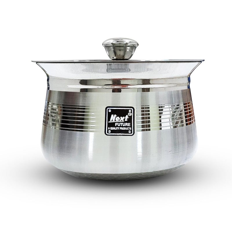 Next Future - 400ml, Heavy Gauge Dahi/Curd/Milk Pot Stainless Steel Handi Utensils, Highly Polished Cookware & Serveware Handi for Kitchen with Lid & Knob (Royal Matte, Madras Handi) - Image 1