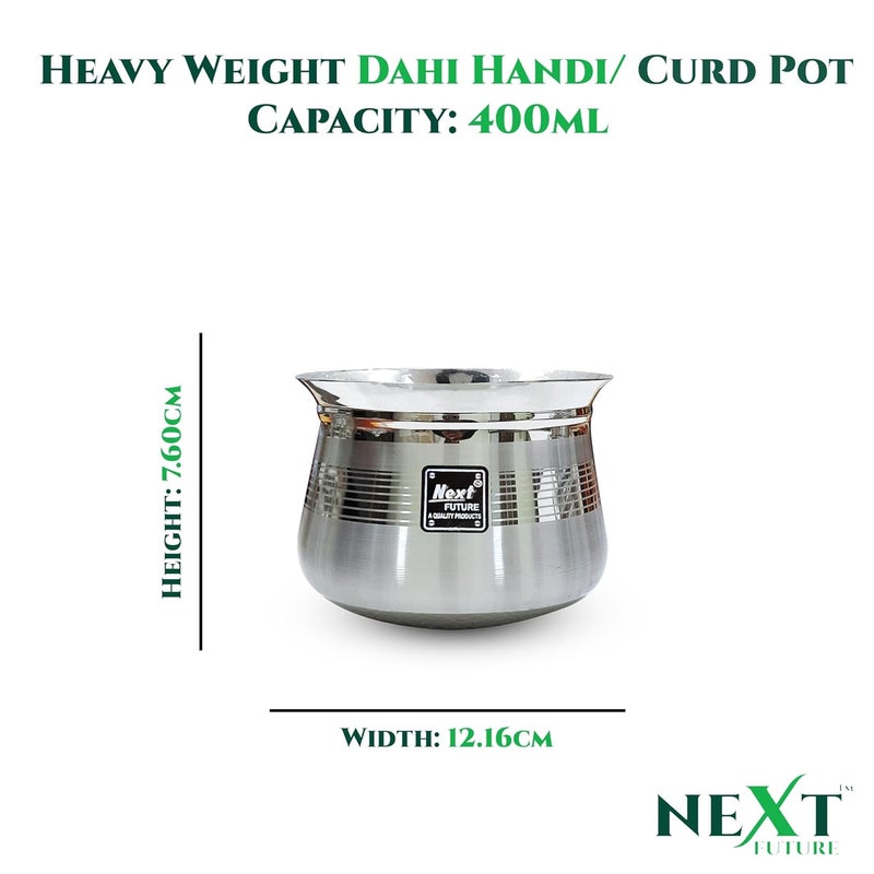 Next Future - 400ml, Heavy Gauge Dahi/Curd/Milk Pot Stainless Steel Handi Utensils, Highly Polished Cookware & Serveware Handi for Kitchen with Lid & Knob (Royal Matte, Madras Handi) - Image 2