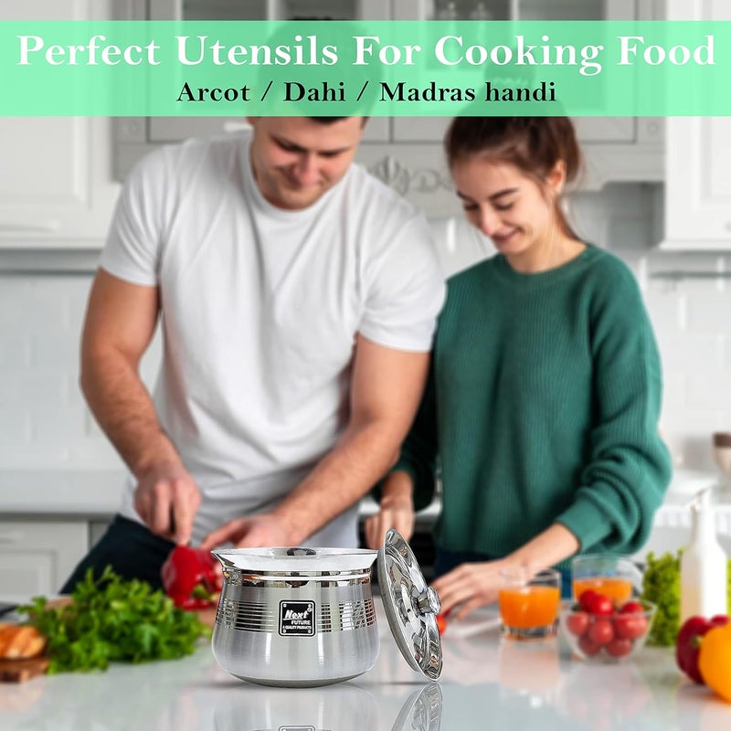 Next Future - 400ml, Heavy Gauge Dahi/Curd/Milk Pot Stainless Steel Handi Utensils, Highly Polished Cookware & Serveware Handi for Kitchen with Lid & Knob (Royal Matte, Madras Handi) - Image 5