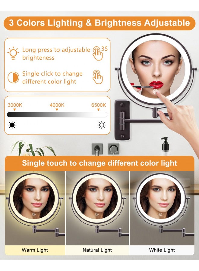 DECLUTTR DECLUTTR 9 Inch Wall Mounted Lighted Makeup Mirror, Double-Sided Magnifying Mirror 1x/10x, 3 Colors Lighted Makeup Mirror, Touch Dimmable 360° Rotation Foldable Light Up Mirror, Bronze - Image 3
