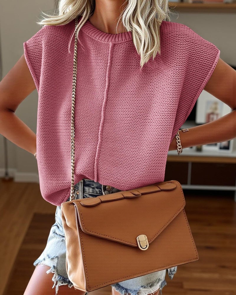 Saodimallsu Womens Cap Sleeve Crew Neck Tops Spring Cute Knit Lightweight Loose Sweaters Pullover Top Dark Pink - Image 3