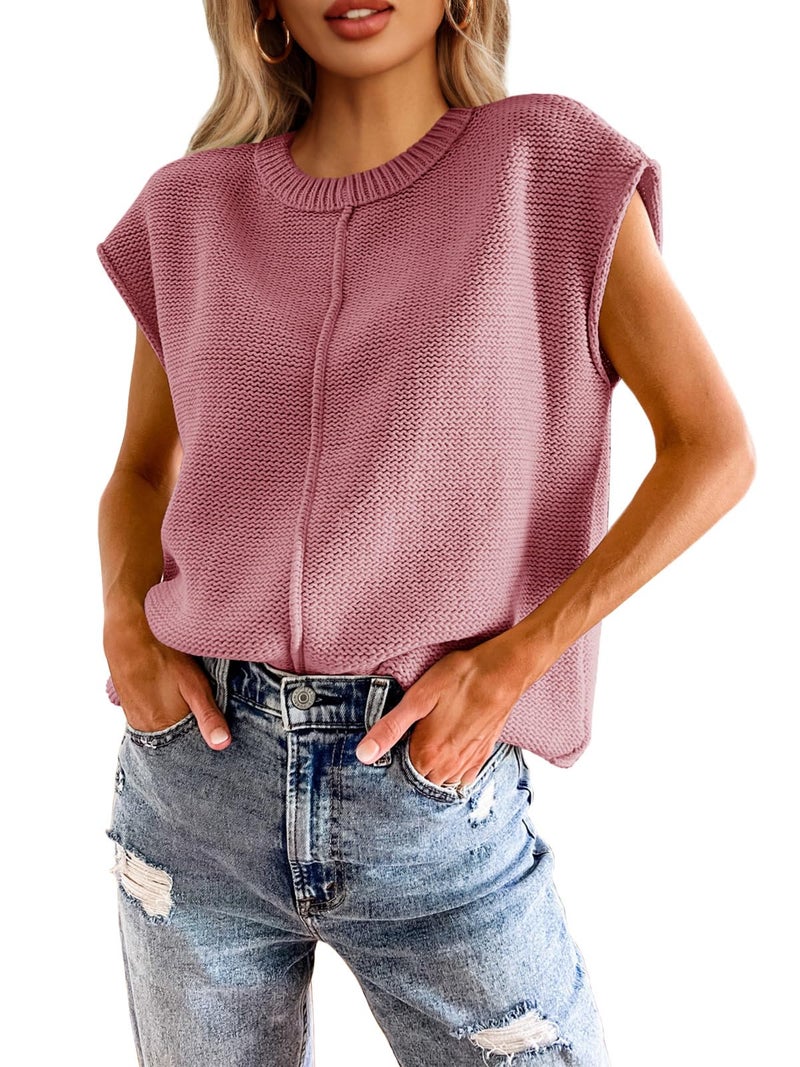 Saodimallsu Womens Cap Sleeve Crew Neck Tops Spring Cute Knit Lightweight Loose Sweaters Pullover Top Dark Pink - Image 1