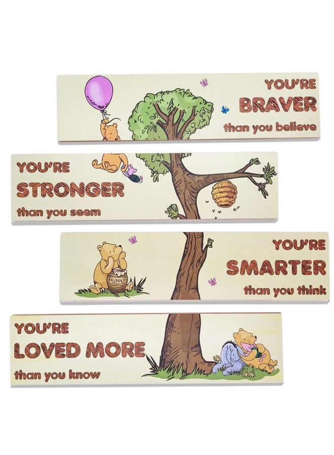 PAMBO Winnie Bear Baby Shower Decorations, 4-Panel Wooden Nursery Decor Room Inspirational Wall Art, Motivational Quote Signs - Image 1