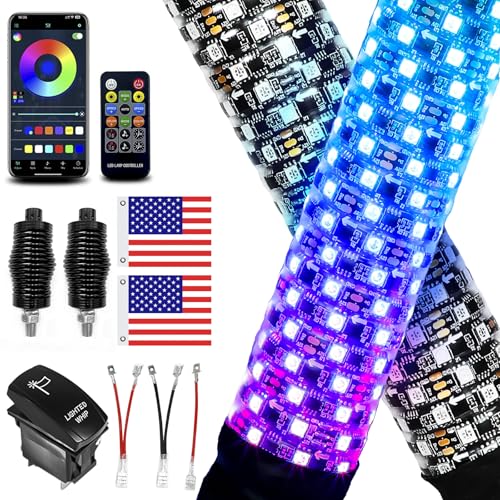 VI9000 2 Pack 2FT Fat Whip Lights LED Whip Lights with App Remote Control Spiral RGB Chasing Lighted Antenna Whips with Rocker Switch Music Whip Light for SXS UTV ATV RZRCanAm X3 OffRoad