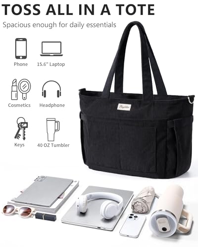 Bagstellar Corduroy Tote Bag for Women, 17 Pockets Laptop Work Tote Bag Lightweight Teacher Nurse Bible Bag for School Travel - Image 5