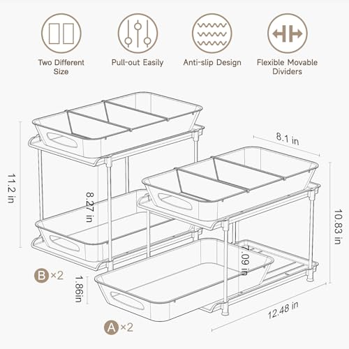 Sevenblue Under Sink Organizer, Bathroom Organizers and Storage, 2 Tier Multi-Use Pull Out Cabinet Organizer with Hang Hooks and Cups (transparent, 4 Pack) - Image 2
