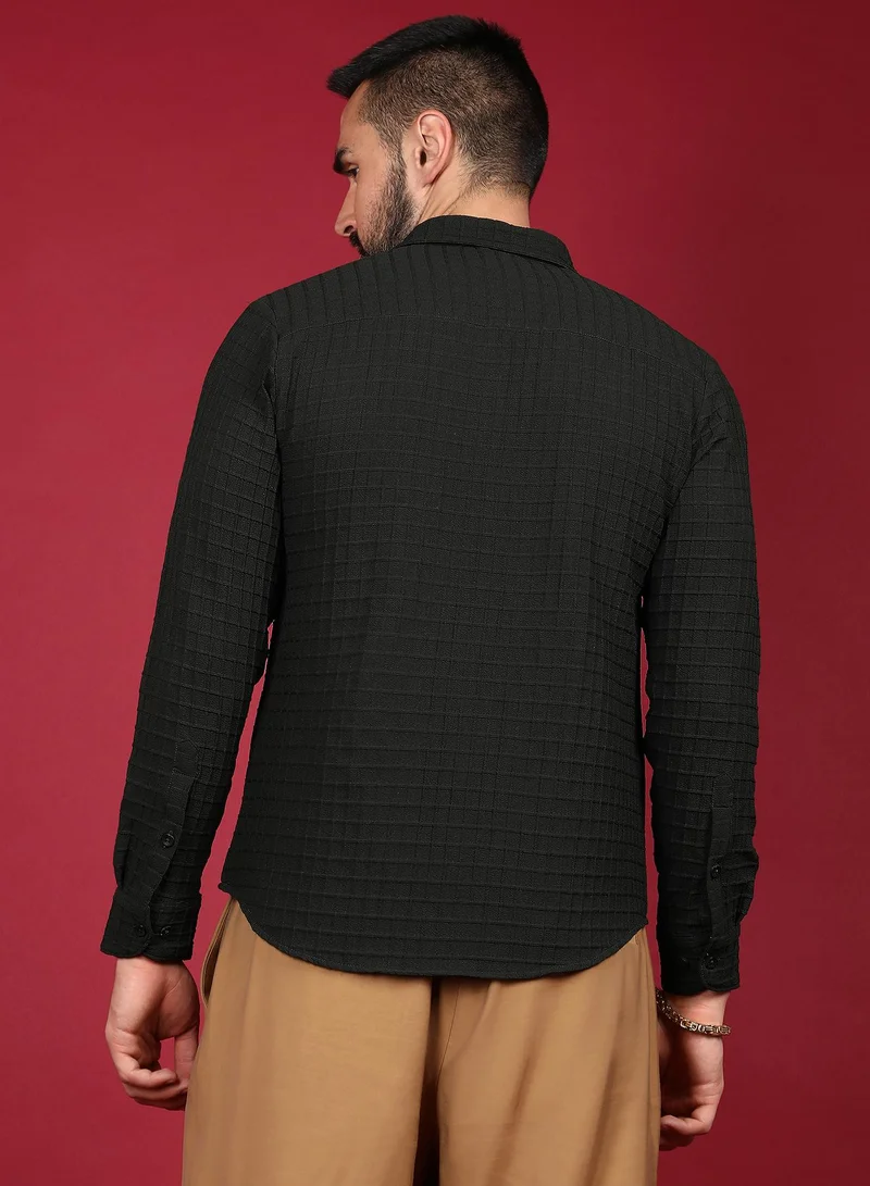 Campus Sutra Men's Midnight Black Embossed Graph Check Shirt