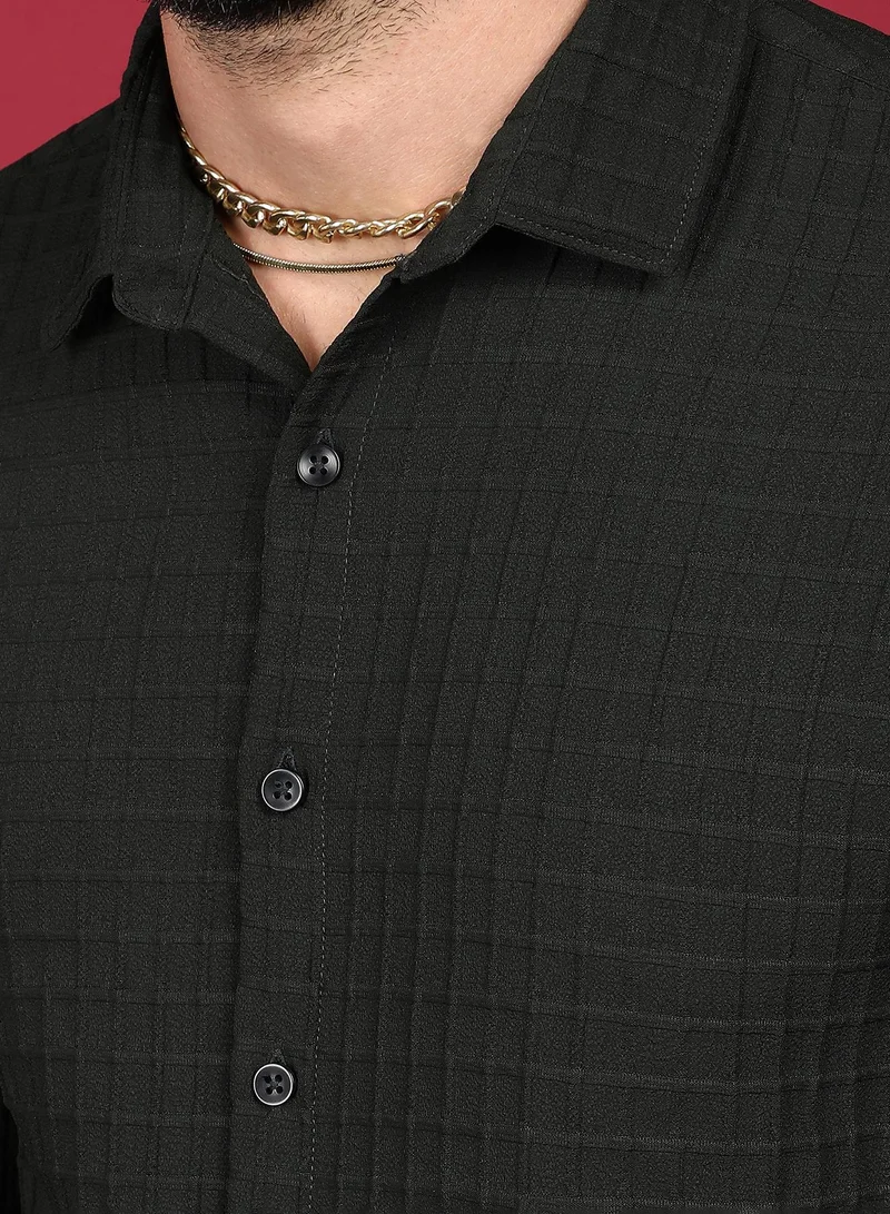 Campus Sutra Men's Midnight Black Embossed Graph Check Shirt
