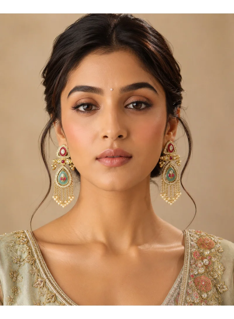 Lehar Imitation Gold-Tone Mint Green Stone & Ruby Pearl Statement Kashir Dangler Earrings