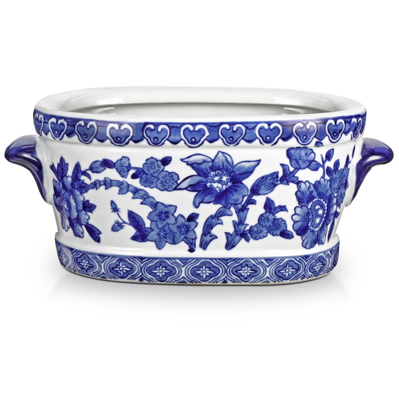 Arborus Blue and White Ceramic Planter Pot â€“ Vintage Floral Oval Cachepot Vase for Indoor Plants, Flowers & Succulents â€“ Glazed Chinese Porcelain Style Decorative Bowl â€“ 7.4" Size â€“ No Drainage - Image 1
