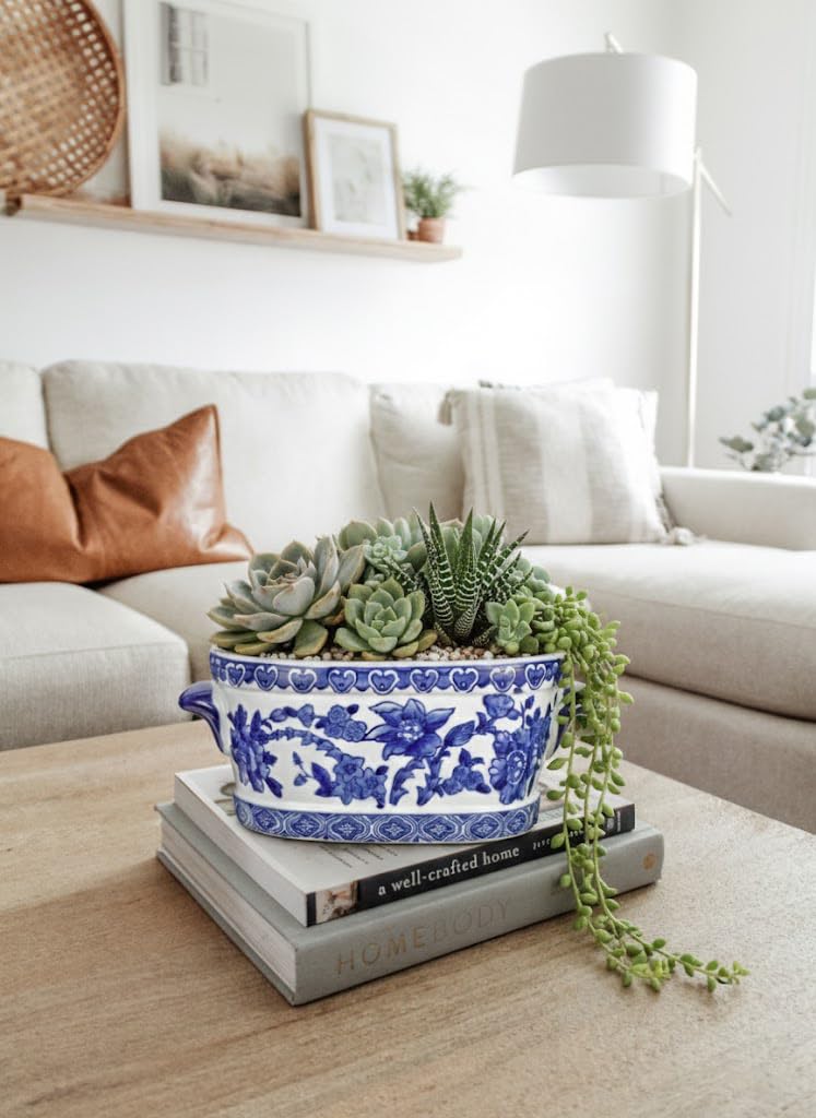 Arborus Blue and White Ceramic Planter Pot â€“ Vintage Floral Oval Cachepot Vase for Indoor Plants, Flowers & Succulents â€“ Glazed Chinese Porcelain Style Decorative Bowl â€“ 7.4" Size â€“ No Drainage - Image 5