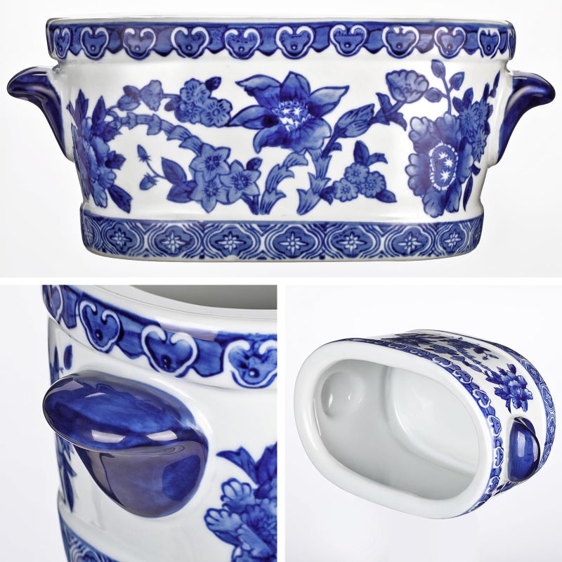 Arborus Blue and White Ceramic Planter Pot â€“ Vintage Floral Oval Cachepot Vase for Indoor Plants, Flowers & Succulents â€“ Glazed Chinese Porcelain Style Decorative Bowl â€“ 7.4" Size â€“ No Drainage - Image 4