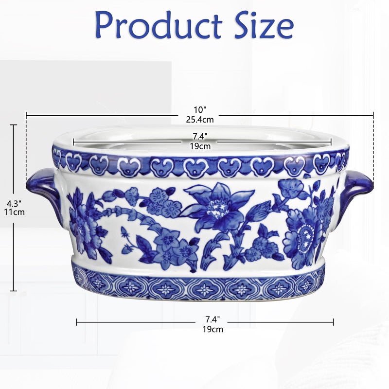 Arborus Blue and White Ceramic Planter Pot â€“ Vintage Floral Oval Cachepot Vase for Indoor Plants, Flowers & Succulents â€“ Glazed Chinese Porcelain Style Decorative Bowl â€“ 7.4" Size â€“ No Drainage - Image 2