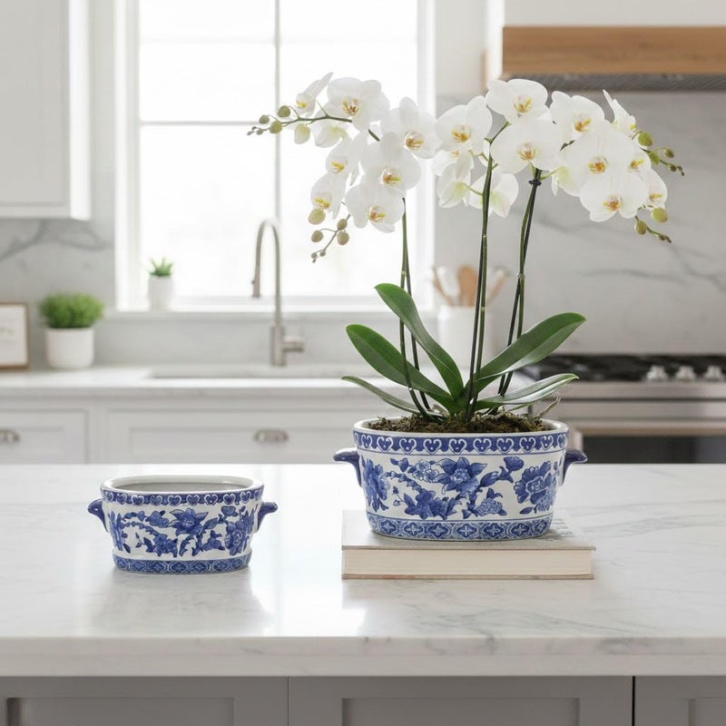 Arborus Blue and White Ceramic Planter Pot â€“ Vintage Floral Oval Cachepot Vase for Indoor Plants, Flowers & Succulents â€“ Glazed Chinese Porcelain Style Decorative Bowl â€“ 7.4" Size â€“ No Drainage - Image 3