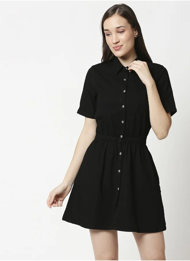 هاي ستار Black Denim Shirt Mini Dress