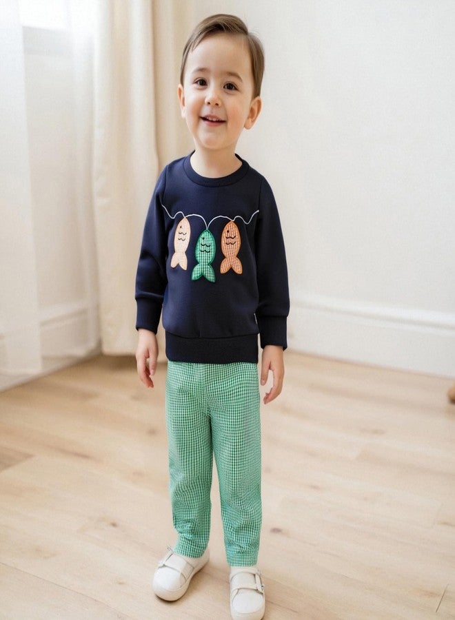 Yccutest Toddler Boy Fall Outfits Long Sleeve Fish Sweatshirt and Plaid Pants Set Infant Baby Boy Sweatsuit 2 Piece Clothes (Navy Blue,3-6 Months) - Image 2