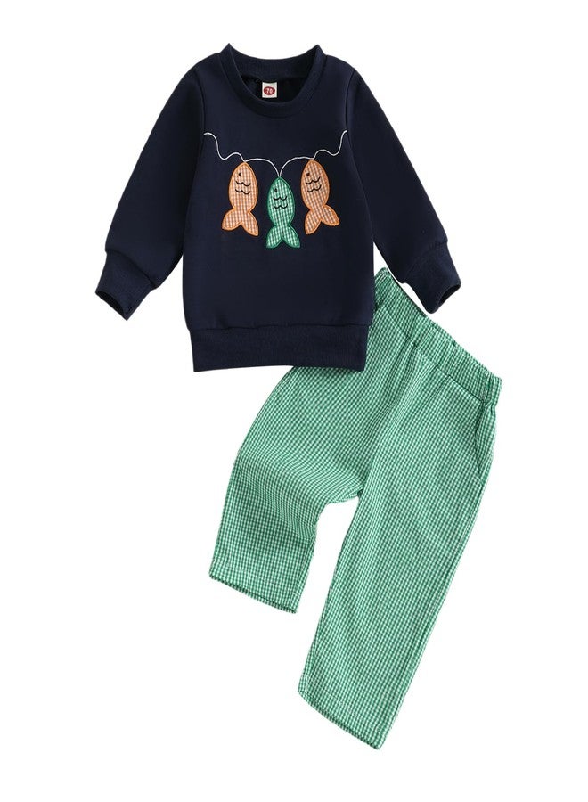 Yccutest Toddler Boy Fall Outfits Long Sleeve Fish Sweatshirt and Plaid Pants Set Infant Baby Boy Sweatsuit 2 Piece Clothes (Navy Blue,3-6 Months) - Image 1