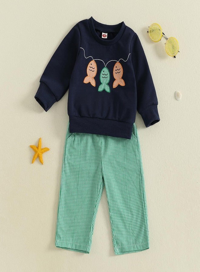 Yccutest Toddler Boy Fall Outfits Long Sleeve Fish Sweatshirt and Plaid Pants Set Infant Baby Boy Sweatsuit 2 Piece Clothes (Navy Blue,3-6 Months) - Image 3