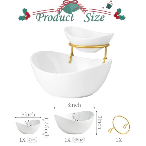 Miamolo Porcelain Serving Bowl Set for Appetizer Serving Dishes Set with 2 Compartment, Chip and Dip Taco Rack Display Salad Bar Serving Set, Gold Stand - Image 2