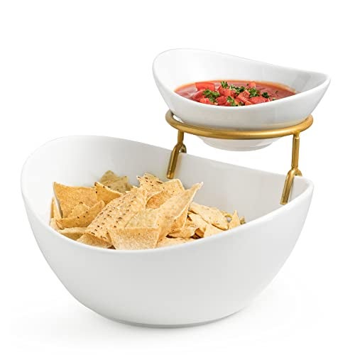 Miamolo Porcelain Serving Bowl Set for Appetizer Serving Dishes Set with 2 Compartment, Chip and Dip Taco Rack Display Salad Bar Serving Set, Gold Stand - Image 1
