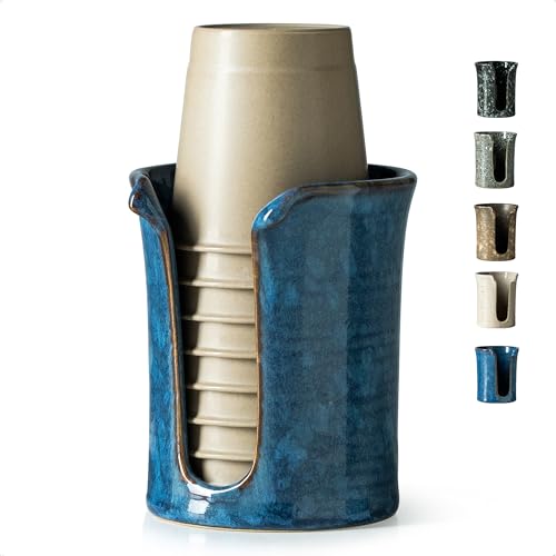YHOJOY Bathroom Cup Holder Ceramic Bathroom Cup Dispenser 3 Oz Small Mouthwash Cup Dispenser Disposable Paper Cup Holder for Bathroom Coffee Bar Stoneware Design Modern Decor Blue - Image 1