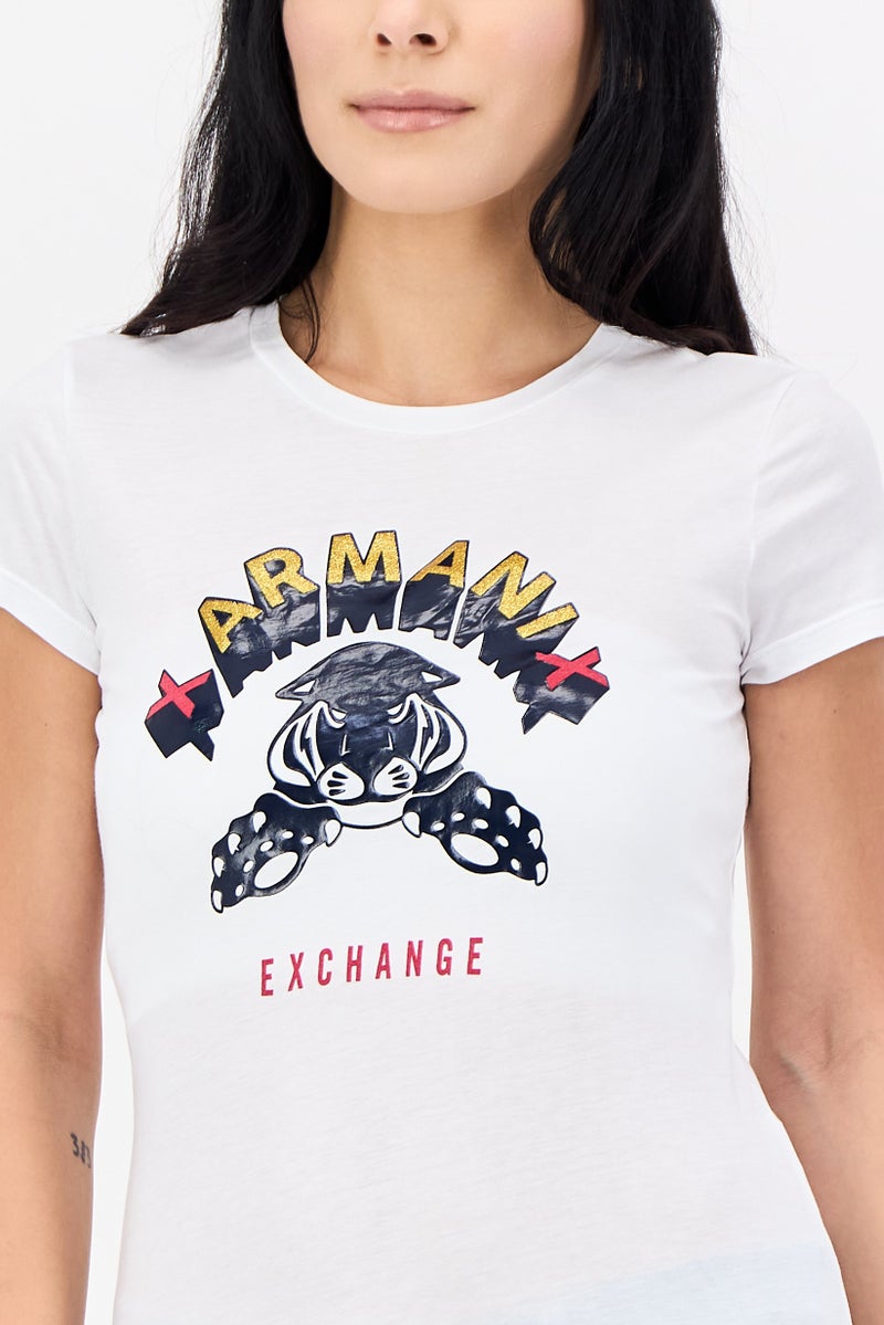 armani A/X Armani Exchange Women Crew Neck Short Sleeve Graphic Print T-Shirt, White - Image 2