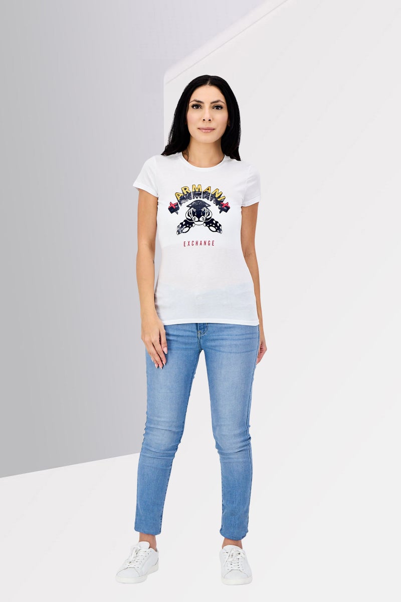 armani A/X Armani Exchange Women Crew Neck Short Sleeve Graphic Print T-Shirt, White - Image 4