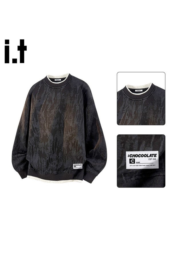 :chocoolate It Fake Two-piece Tie-dye Hoodie Men Winter New American Streetwear Casual Long Sleeve T-shirt Black 4XL - Image 1