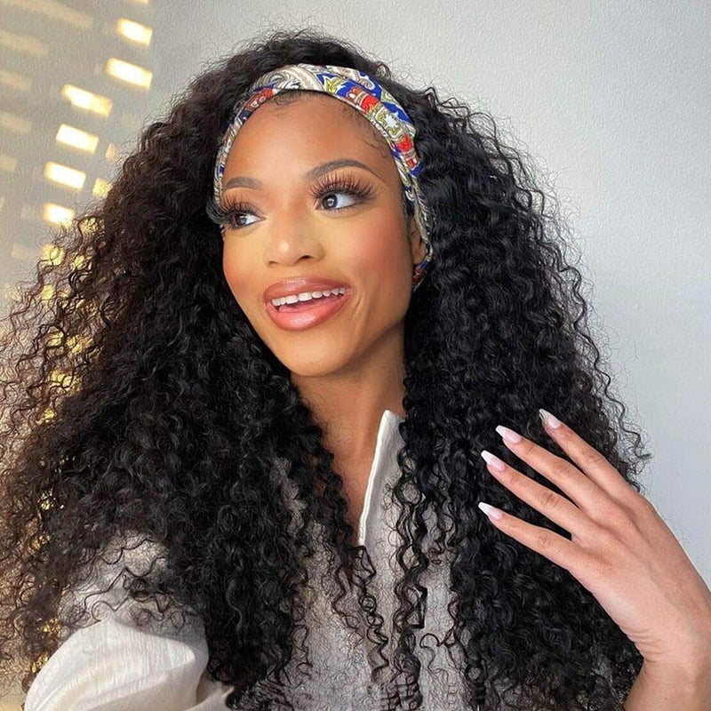 Deep Wave Headband Wig Human Hair 26 inch Glueless Non Lace Front Wig Machine Made Wigs 150 Density Brazilian Wet and Wavy Curly Hair Headband Half Wigs for Black Women Human Hair Natural Color
