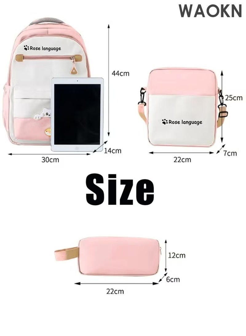 WAOKN School Bag,4 Piece Nylon Backpack Set for Teen Girls â€“ Cute Pink School Bag Set Includes 1 Backpack, 1 Crossbody Bag, 1 Stationery Pouch & 1 Small Hanging Pouch â€“ Lightweight Student Shoulder Bags for School, Travel & Daily Use - Image 3