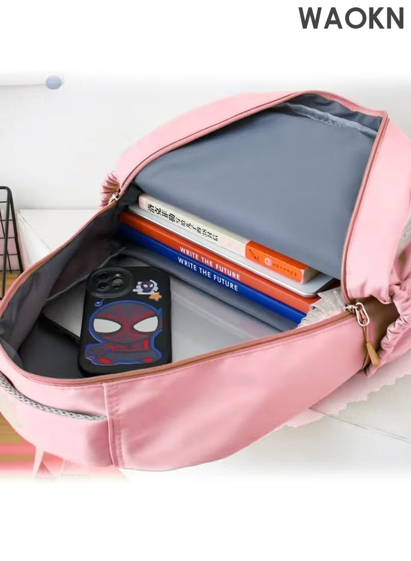 WAOKN School Bag,4 Piece Nylon Backpack Set for Teen Girls â€“ Cute Pink School Bag Set Includes 1 Backpack, 1 Crossbody Bag, 1 Stationery Pouch & 1 Small Hanging Pouch â€“ Lightweight Student Shoulder Bags for School, Travel & Daily Use - Image 2