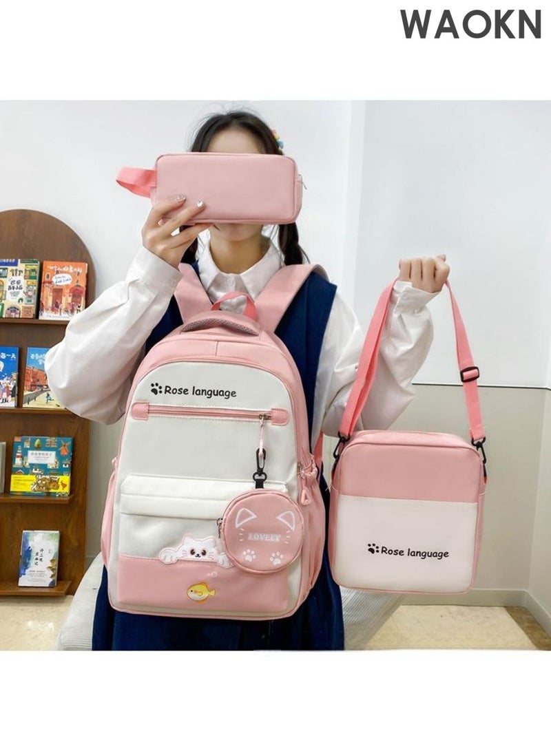 WAOKN School Bag,4 Piece Nylon Backpack Set for Teen Girls â€“ Cute Pink School Bag Set Includes 1 Backpack, 1 Crossbody Bag, 1 Stationery Pouch & 1 Small Hanging Pouch â€“ Lightweight Student Shoulder Bags for School, Travel & Daily Use - Image 4