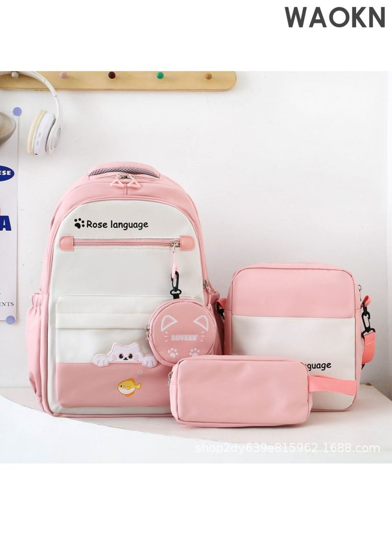 WAOKN School Bag,4 Piece Nylon Backpack Set for Teen Girls â€“ Cute Pink School Bag Set Includes 1 Backpack, 1 Crossbody Bag, 1 Stationery Pouch & 1 Small Hanging Pouch â€“ Lightweight Student Shoulder Bags for School, Travel & Daily Use - Image 1