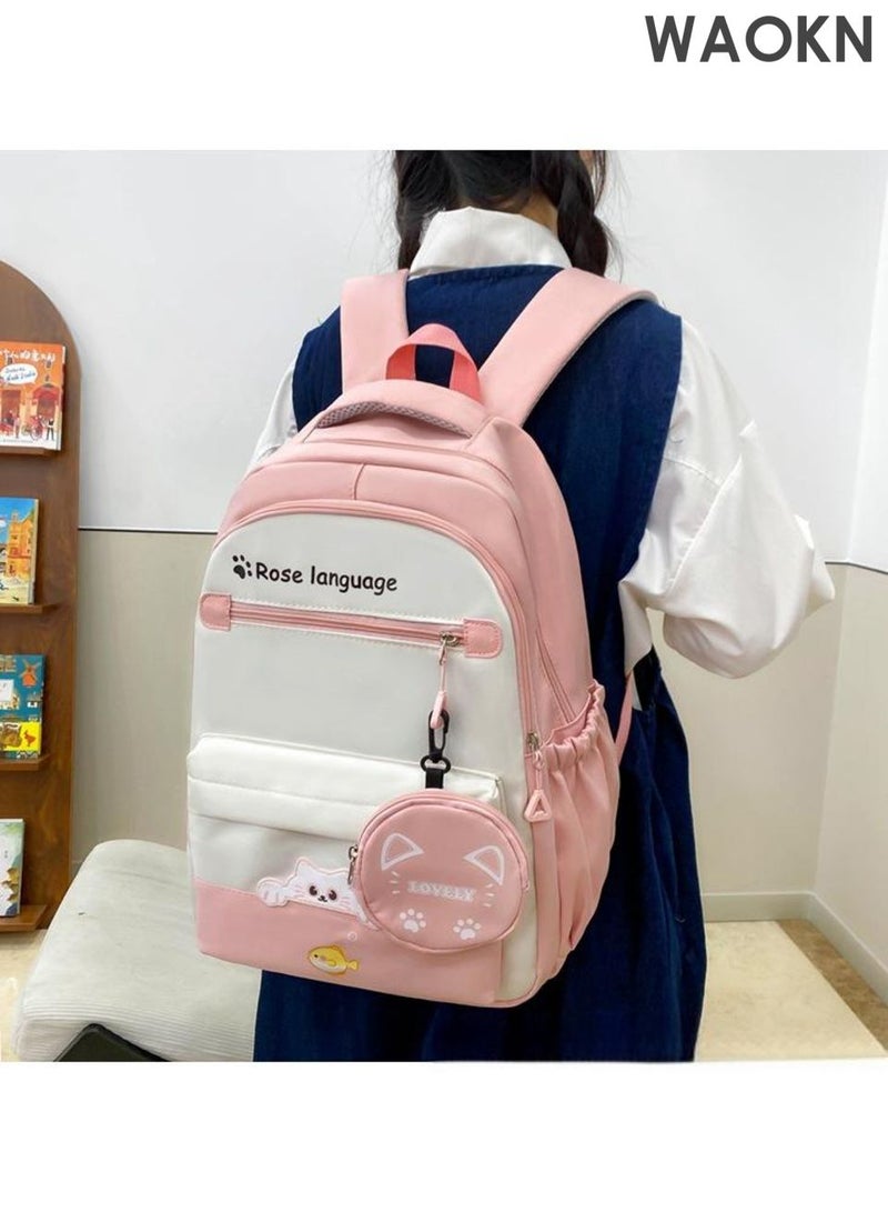 WAOKN School Bag,4 Piece Nylon Backpack Set for Teen Girls â€“ Cute Pink School Bag Set Includes 1 Backpack, 1 Crossbody Bag, 1 Stationery Pouch & 1 Small Hanging Pouch â€“ Lightweight Student Shoulder Bags for School, Travel & Daily Use - Image 5
