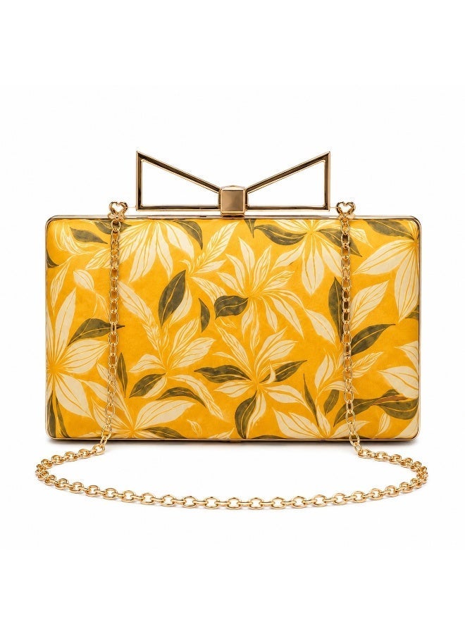 JOHN PAULS Luxury Floral Yellow Evening Handmade Clutch Bag with Gold Bow Clasp Summer  Elegant Designer Style Handbag & Bridal Purse for Weddings, Parties, Prom, and Special Occasions - Image 1