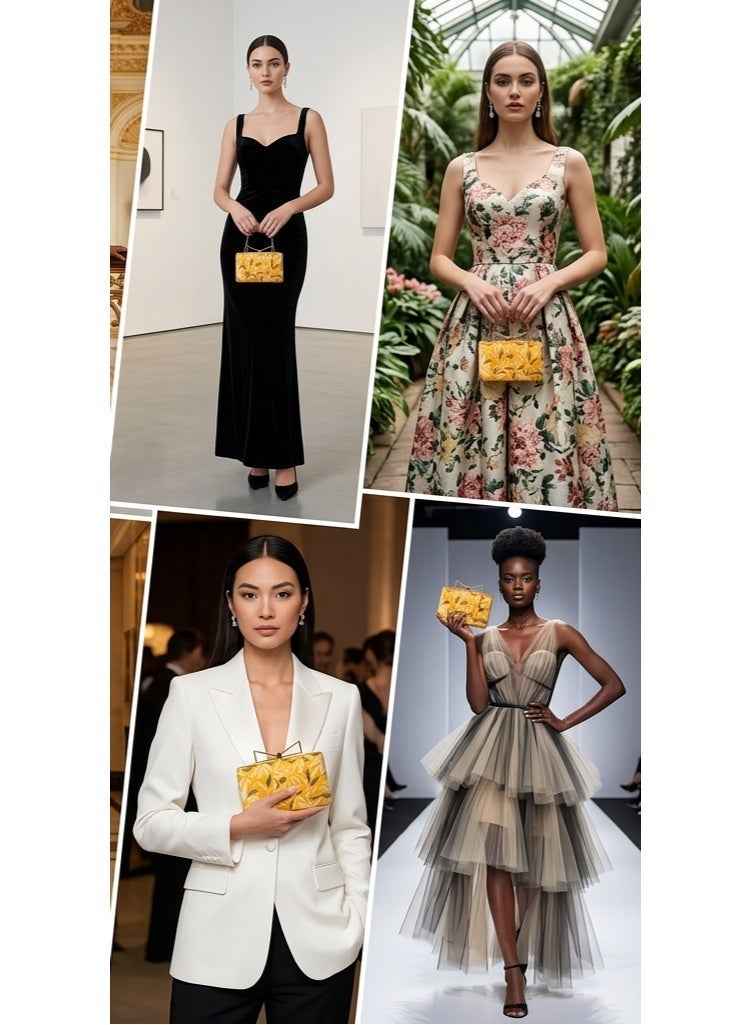 JOHN PAULS Luxury Floral Yellow Evening Handmade Clutch Bag with Gold Bow Clasp Summer  Elegant Designer Style Handbag & Bridal Purse for Weddings, Parties, Prom, and Special Occasions - Image 2