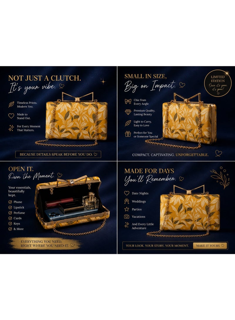 JOHN PAULS Luxury Floral Yellow Evening Handmade Clutch Bag with Gold Bow Clasp Summer  Elegant Designer Style Handbag & Bridal Purse for Weddings, Parties, Prom, and Special Occasions - Image 3
