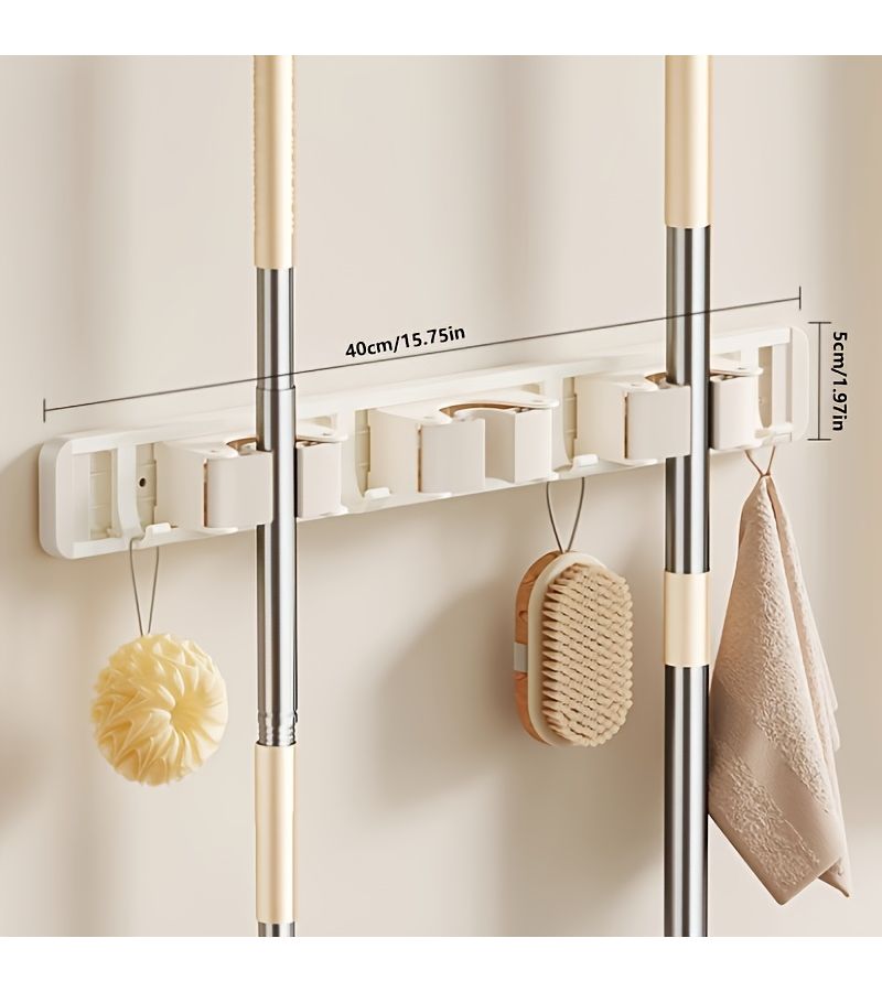 Silvery Mop And Broom Holder Wall Mounted With 3 Hooks 2 Clips Heavy Duty Organizer - Image 3