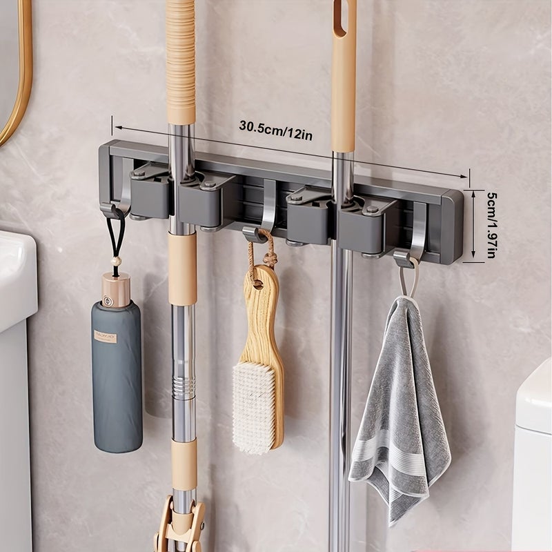 Silvery Mop And Broom Holder Wall Mounted With 3 Hooks 2 Clips Heavy Duty Organizer - Image 5