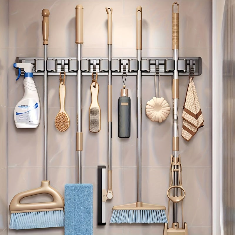 Silvery Mop And Broom Holder Wall Mounted With 3 Hooks 2 Clips Heavy Duty Organizer - Image 2