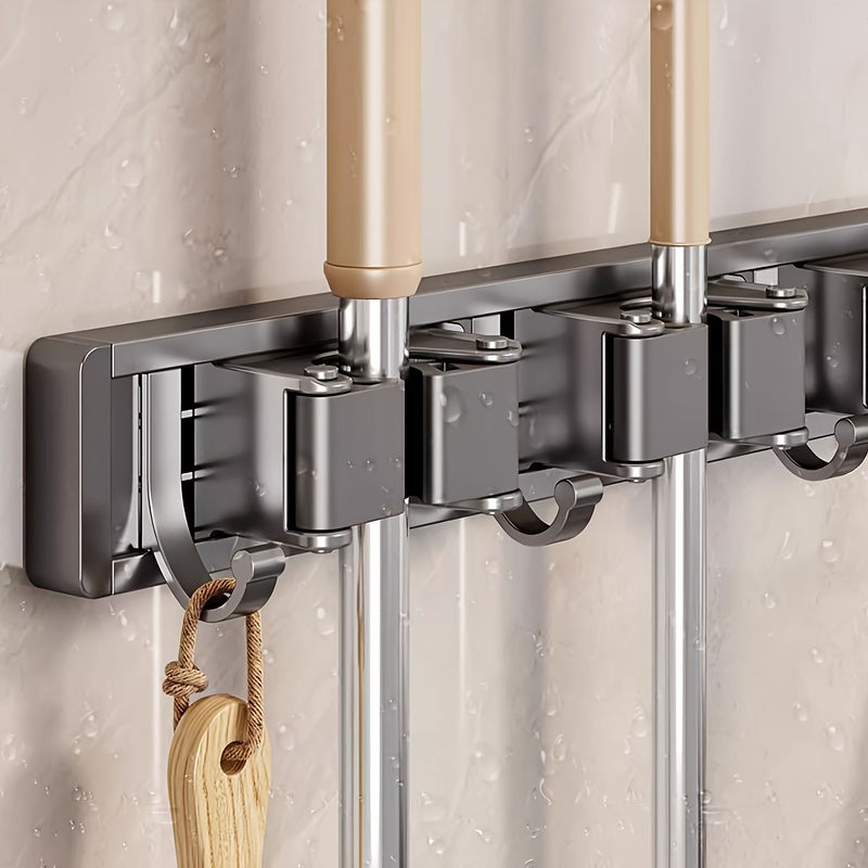 Silvery Mop And Broom Holder Wall Mounted With 3 Hooks 2 Clips Heavy Duty Organizer - Image 4