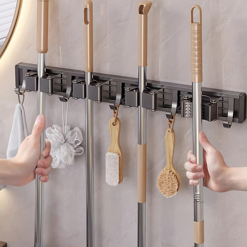 Silvery Mop And Broom Holder Wall Mounted With 3 Hooks 2 Clips Heavy Duty Organizer - Image 1