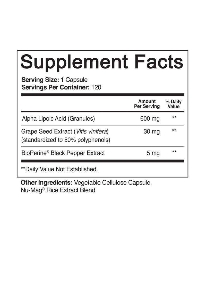 NutriFlair Alpha Lipoic Acid, 120 Capsules - Extra Strength - with Grape Seed Extract and BioPerine Black Pepper Extract - Supports Glucose Metabolism  - Image 2