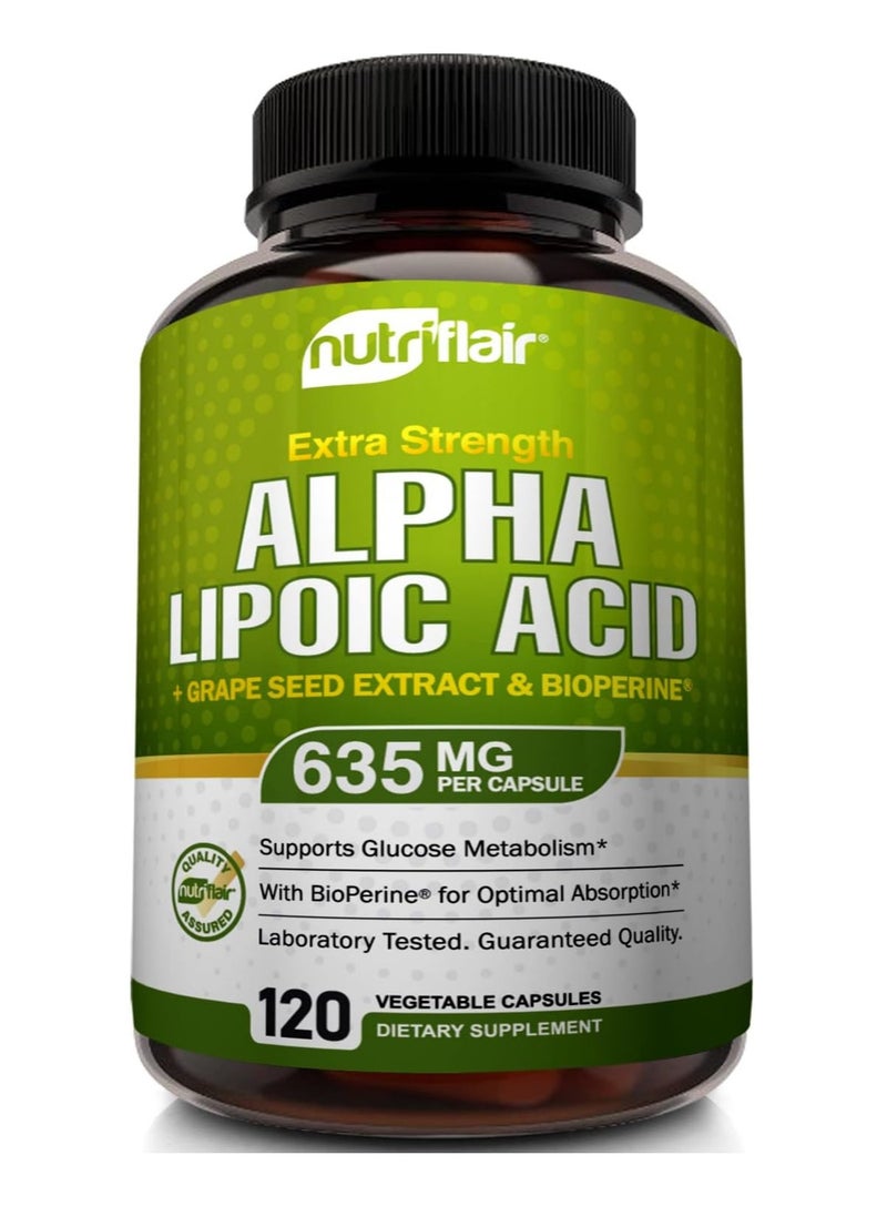 NutriFlair Alpha Lipoic Acid, 120 Capsules - Extra Strength - with Grape Seed Extract and BioPerine Black Pepper Extract - Supports Glucose Metabolism  - Image 1